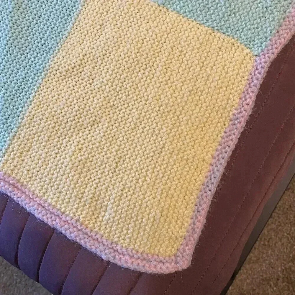 VTG Hand Knit Unisex Baby Blanket Color Block Pink Blue Green Yellow Cottagecore